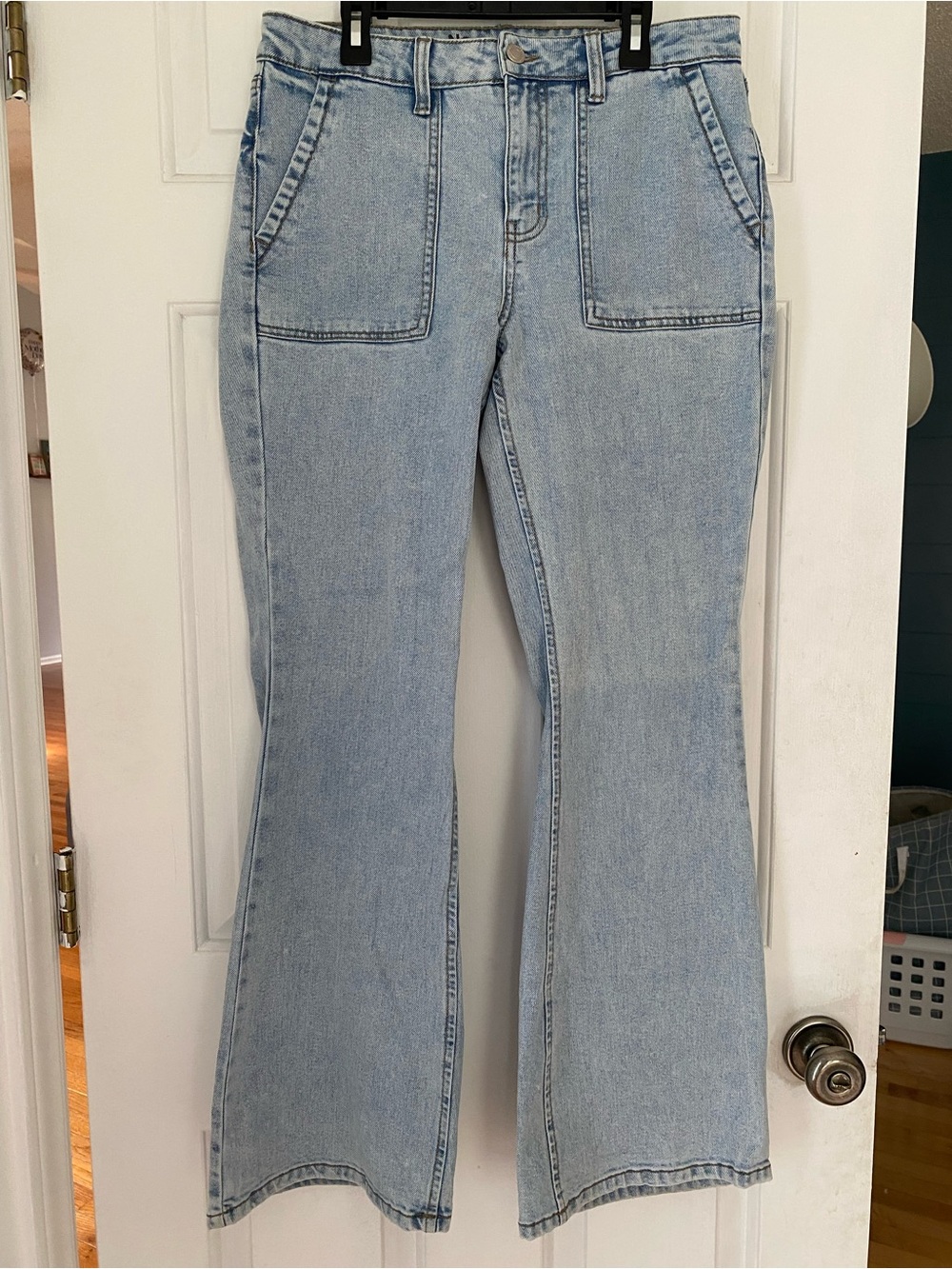 No Boundaries Light Blue Flare Jeans with Front Patch Pockets